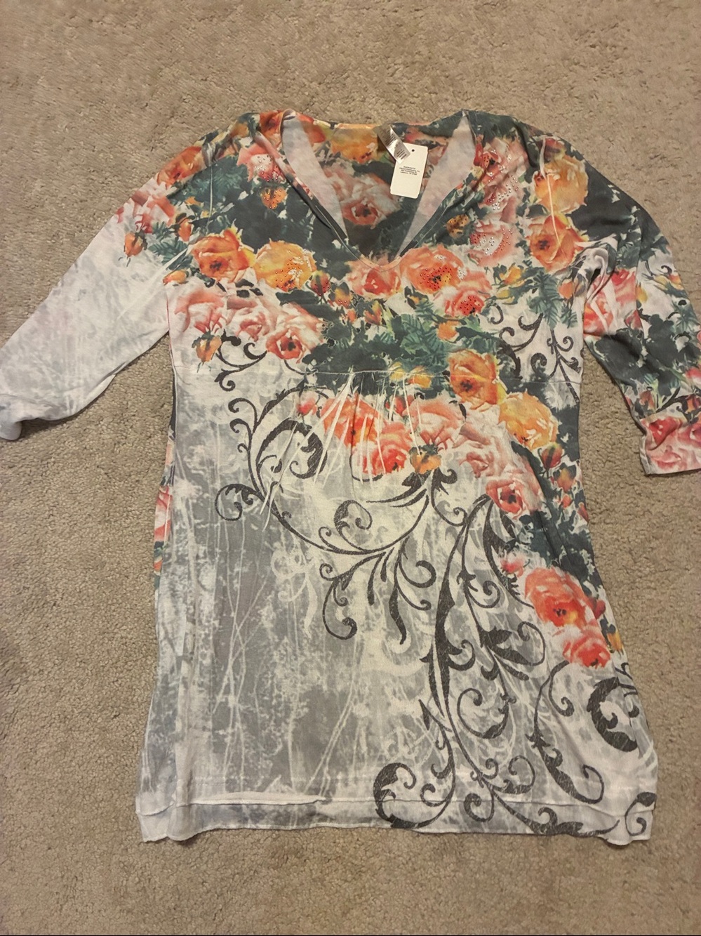 Floral 3/4 Sleeve dress - Gray with Orange Floral